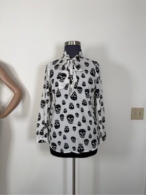 Retrolicious Black & White Skull Tie-Neck Blouse